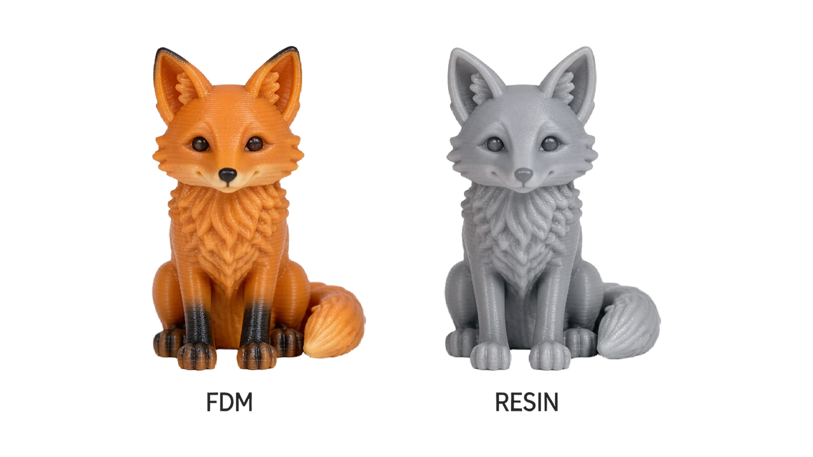 The same fox figurine printed with FDM and with resin