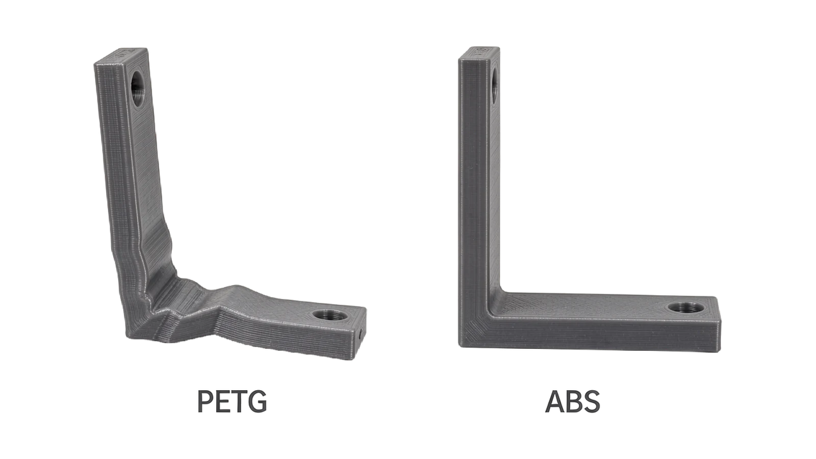 Heat-softened PETG bracket next to an intact ABS bracket