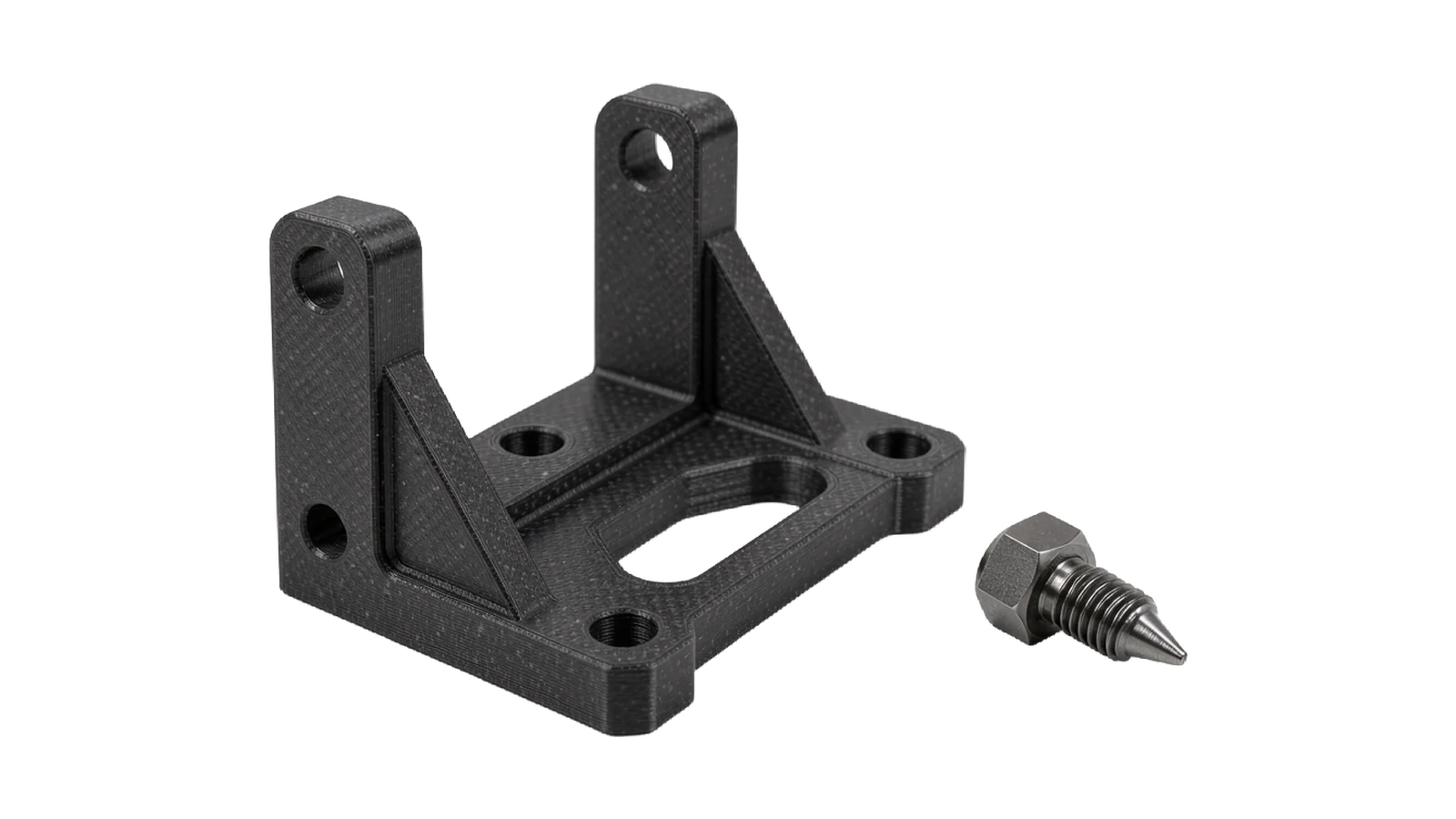 Carbon-fibre-reinforced nylon bracket and a hardened nozzle