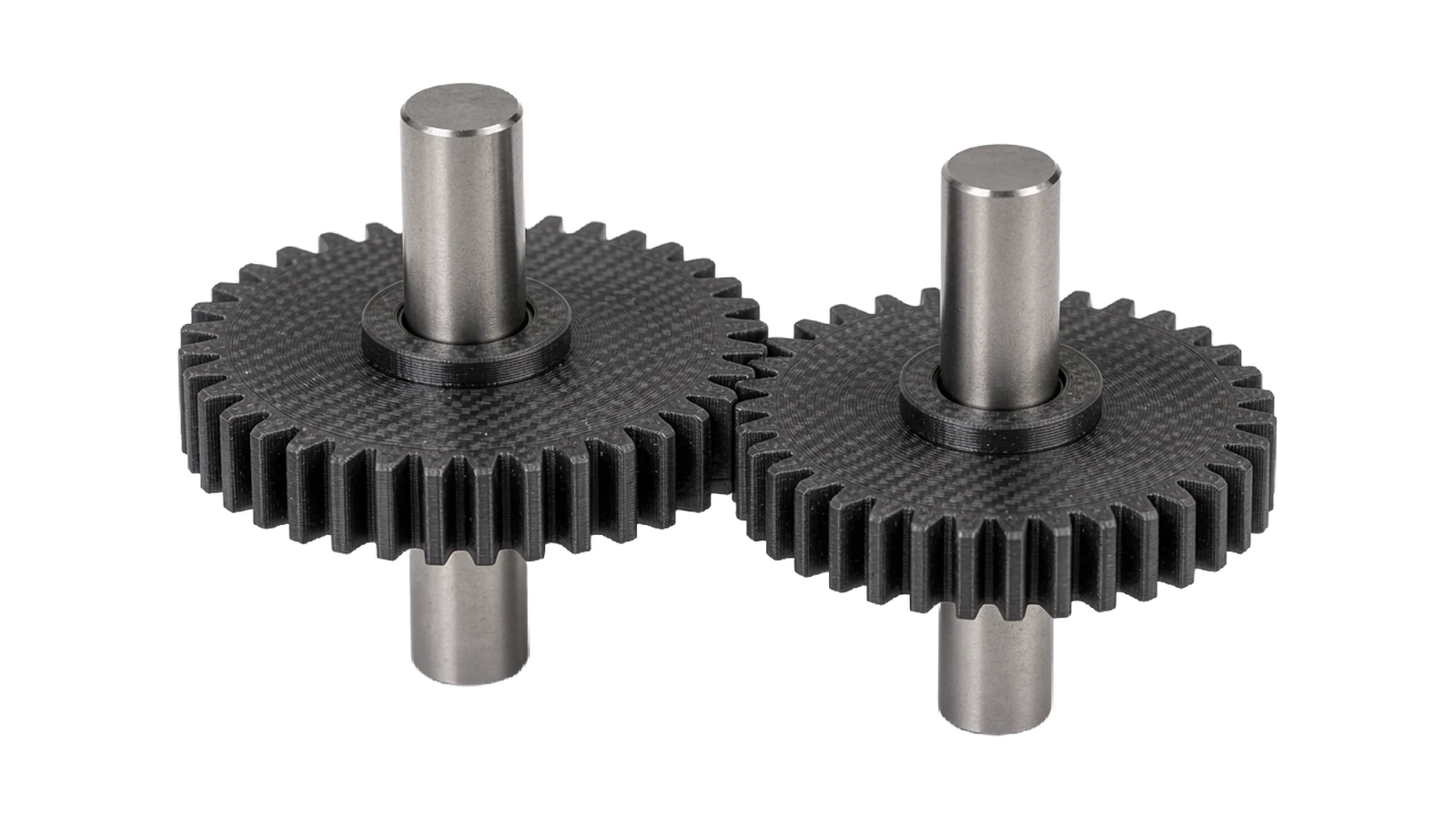 Two gears in carbon-fibre-reinforced nylon
