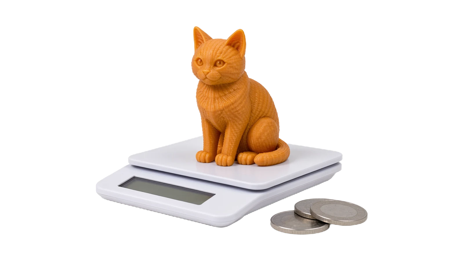 3D-printed cat on kitchen scales next to a few coins