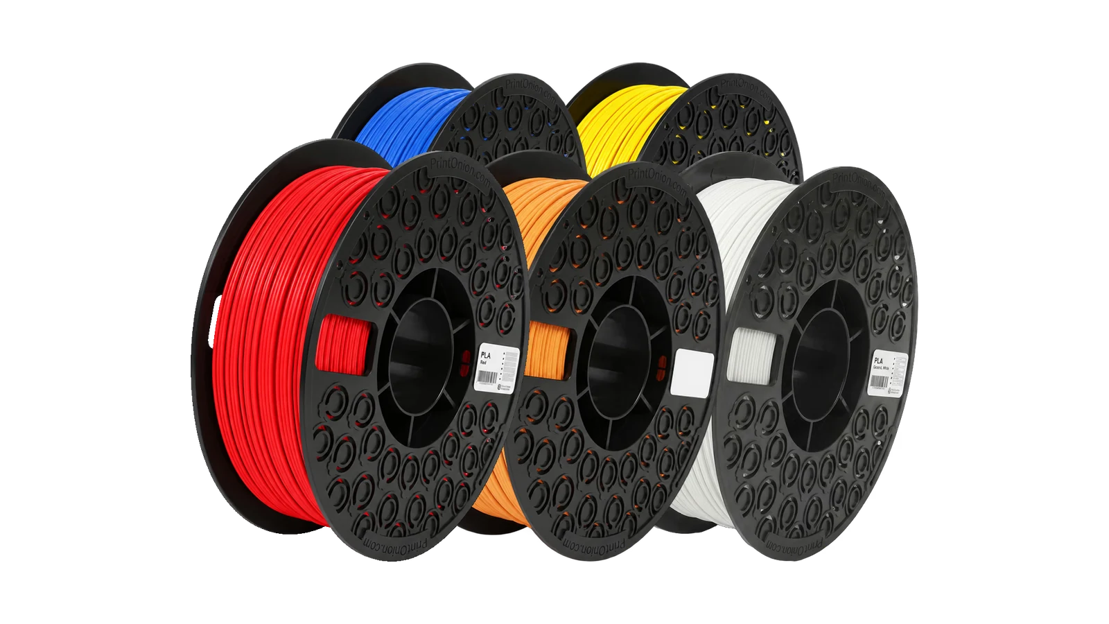 Five spools of PrintOnion filament in different colours