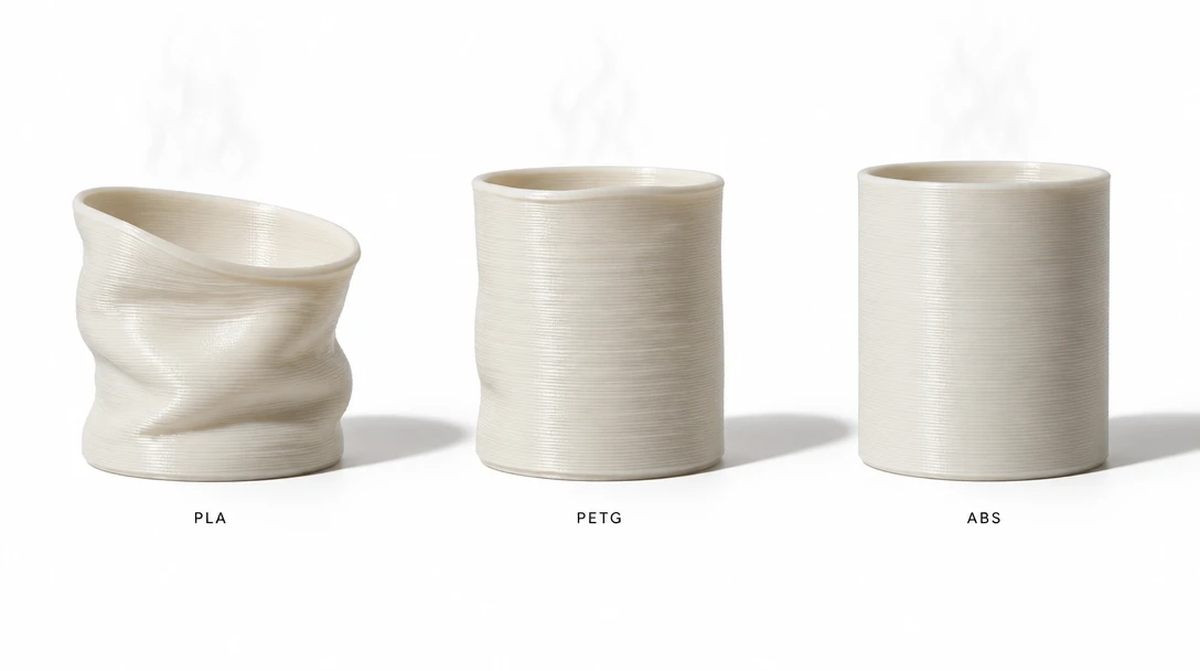 Tre likadana 3D-printade muggar efter värme: PLA-muggen har kollapsat, PETG-muggen är lätt skev, ABS-muggen står rak